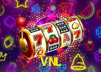 Una escena digital vívida inspirada en casino con VNL mostrado prominentemente, luces brillantes, fichas, cartas y acentos dorados.